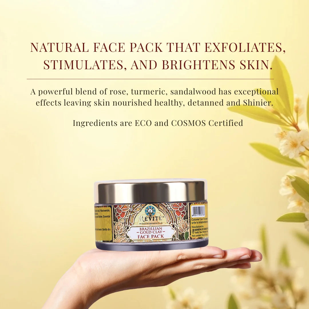 Brazillian Gold Clay Face Pack | Eco-Certified Brazillian Gold Clay | Eco-Cert Hyaluronic Acid | Turmeric, Sandalwood, Rose Extract | 50gm