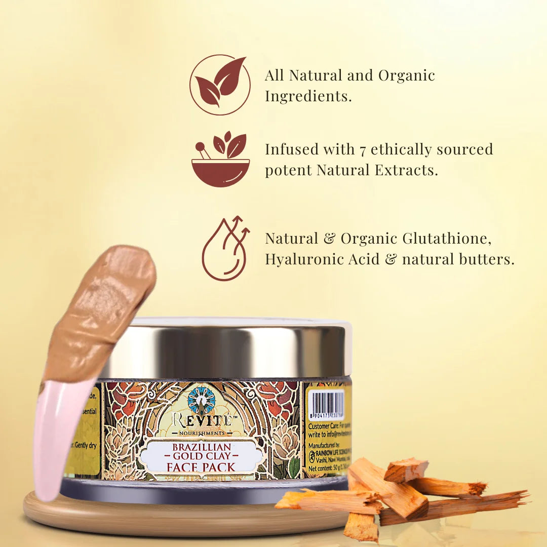 Brazillian Gold Clay Face Pack | Eco-Certified Brazillian Gold Clay | Eco-Cert Hyaluronic Acid | Turmeric, Sandalwood, Rose Extract | 50gm