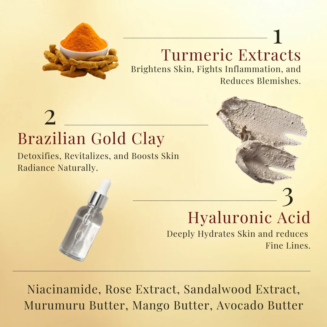 Brazillian Gold Clay Face Pack | Eco-Certified Brazillian Gold Clay | Eco-Cert Hyaluronic Acid | Turmeric, Sandalwood, Rose Extract | 50gm