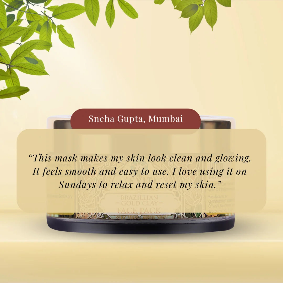 Brazillian Gold Clay Face Pack | Eco-Certified Brazillian Gold Clay | Eco-Cert Hyaluronic Acid | Turmeric, Sandalwood, Rose Extract | 50gm