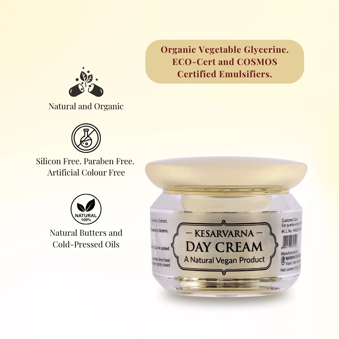 Kesarvarna Natural Day Cream | Saffron, Lotus Seed and Rosehip Extracts | 50gm