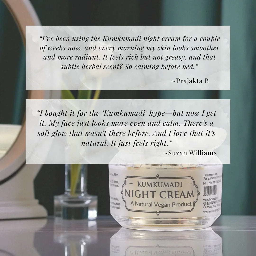 Kumkumadi Night Cream | 30 Solar Infused herbs in Kumkumadi Oil | Natural Butters & Essential Oils | COSMOS Certified Emulsifiers | 50gm