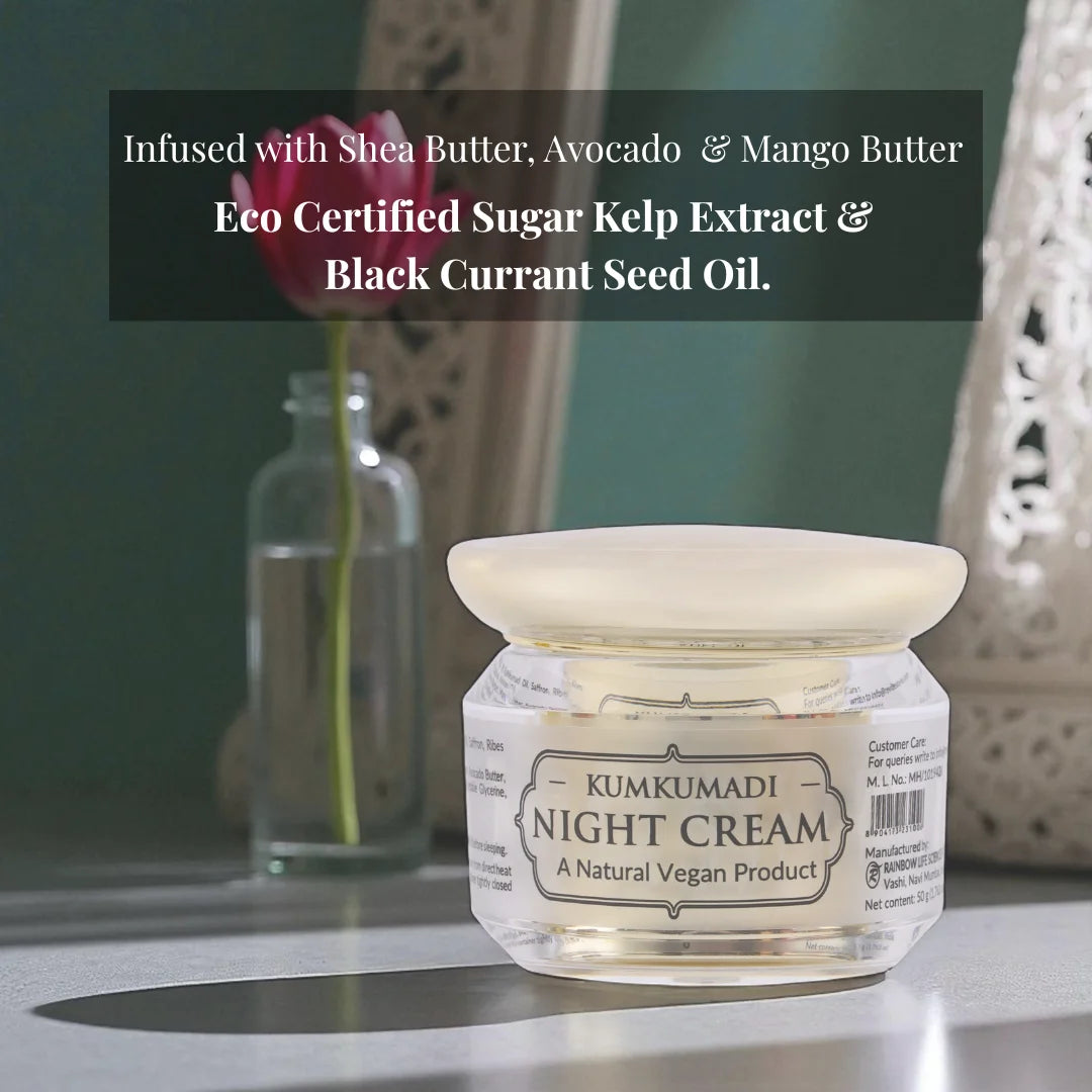 Kumkumadi Night Cream | 30 Solar Infused herbs in Kumkumadi Oil | Natural Butters & Essential Oils | COSMOS Certified Emulsifiers | 50gm